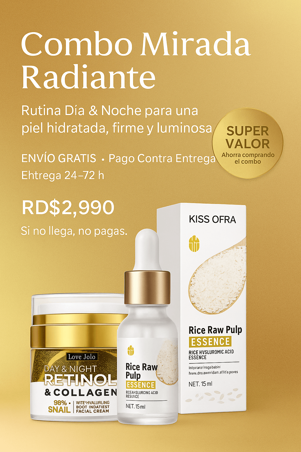Kit Crema Antiarrugas Retinol y colágeno + Acido Hialuronico de Arroz